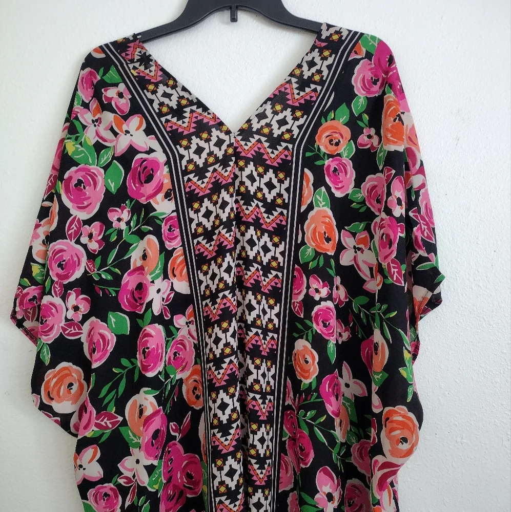 Fever Pink Orange Floral Aztec Kaftan Wrap Cover Up Size Medium